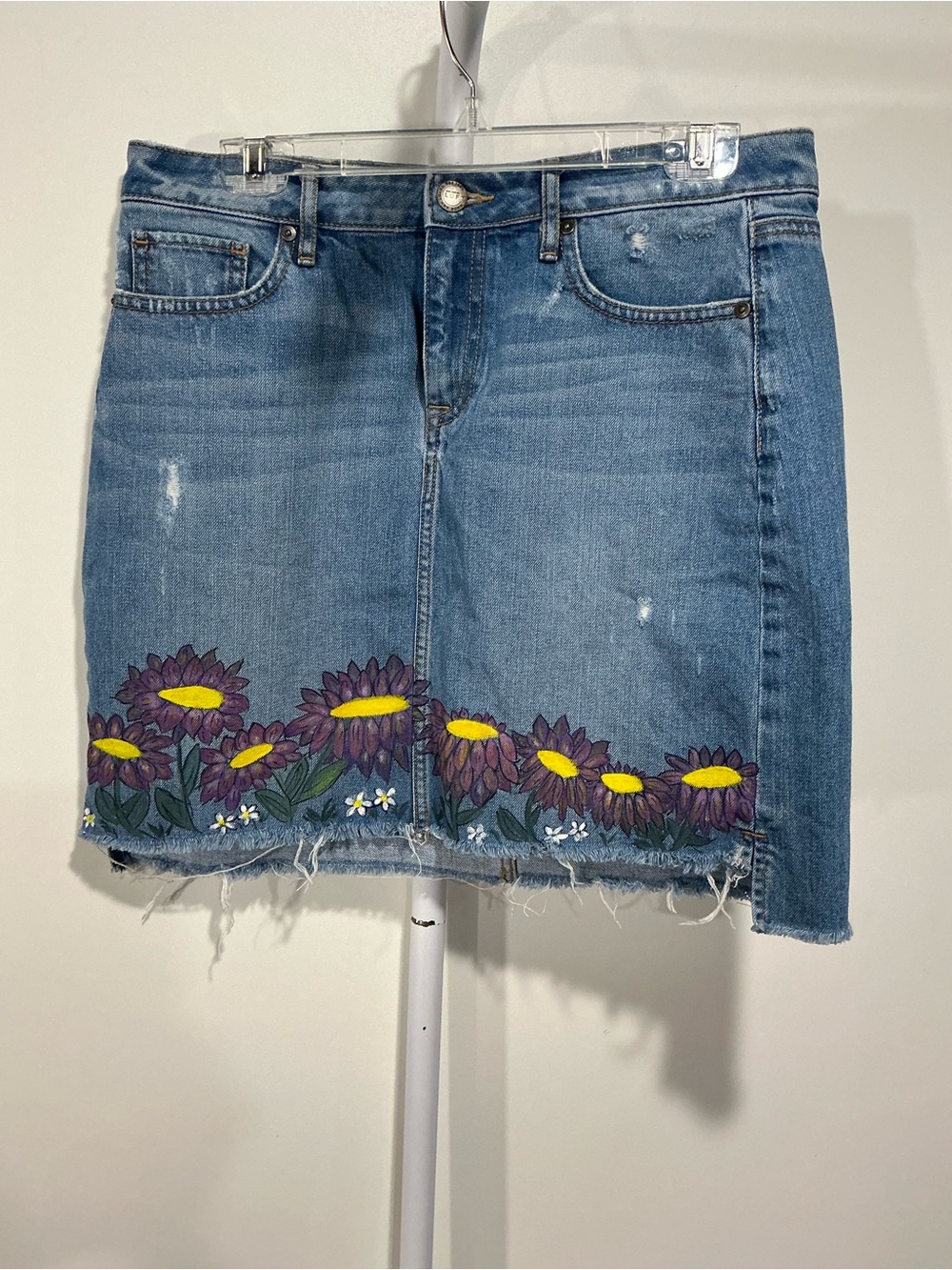UPCYCLED LOFT Denim Mini Skirt with HANDPAINTED Purple & Yellow Floral Border
